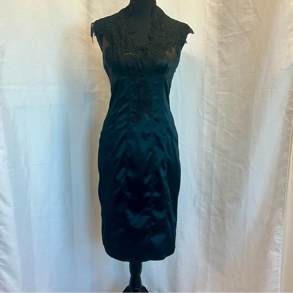 Karen Millen black satin silk lace pleated bodycon mini cocktail dress Sz 10 NWT